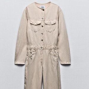 ZARA Long Sleeve Beige FLOWY JUMPSUIT